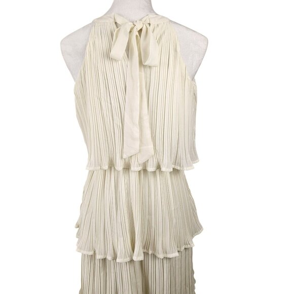 Womens Small Elegant Halter Neck Pleated Tiered Maxi Cream Dress Sleeveless - Picture 7 of 13